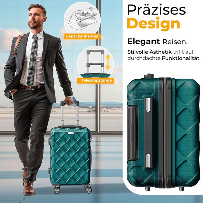 Набір дорожніх валіз KESSER з 3 предметів, жорсткий корпус ABS, кодовий замок, ваги для багажу та дорожній гаманець, колеса 360°, колір Petrol Teal