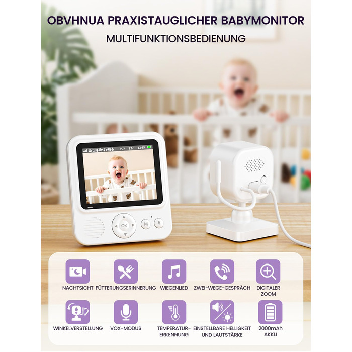 Радіоняня з камерою OBVHNUA 720P IPS: відеоняня без Wi-Fi, акумулятор 2000mAh, нічна зйомка, датчик температури, двосторонній зв'язок, колискові, режим VOX, екран 2.8