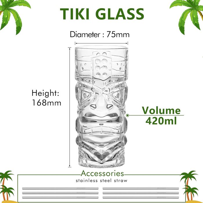 Набір склянок Tiki (170-400 мл), прозорі, для коктейлів, сучасний дизайн, екзотичні напої, Mai Tai, гавайські коктейлі