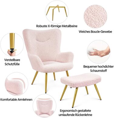 Крісло-мішок Yaheetech з м'якої тканини, крісло для відпочинку, телевізор, крісло-релакс, крісло-трансформер, стильний дизайн, білий (рожевий, з пуфом)