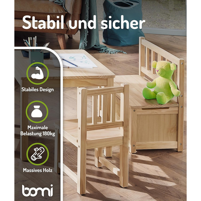 Дитячий меблевий набір Bomi Anna: стіл, 2 стільці та лавка-сховище | Меблі для дитячої кімнати з FSC сертифікованого дерева | Білий (натуральний)