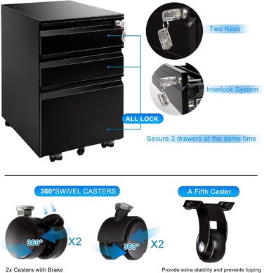 Роликовий контейнер DeHong з металу, мобільний офісний шафка з 3 висувними ящиками, офісний контейнер, з можливістю замка та регульованими паперовими відсіками, збірно-розбірний, для офісу, дому (J-чорний)