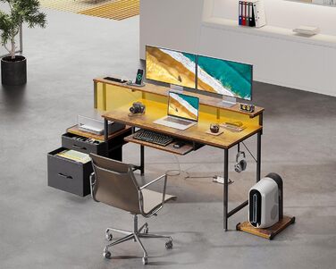 Ігровий стіл Coleshome з LED підсвічуванням, стіл для комп'ютера з висувними ящиками з тканини, 2 розетки та 2 USB порти, стіл для ігор з підставкою для монітора, для дому та офісу, білий (140x48см, коричневий)