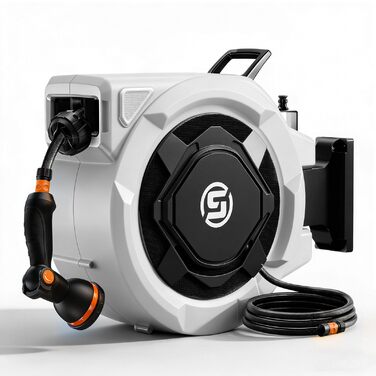 Шланговий барабан SUNPOW настінний 30м, 16 мм - автоматичний згортач з фіксацією, поворотна стіна, 10 функцій для саду, тераси та двору