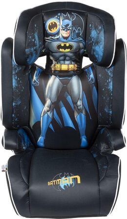 Автокрісло DC Comics Batman для безпеки дітей зростом від 100 до 150 см з графікою супергероя Бетмена на чорно-синьому тлі