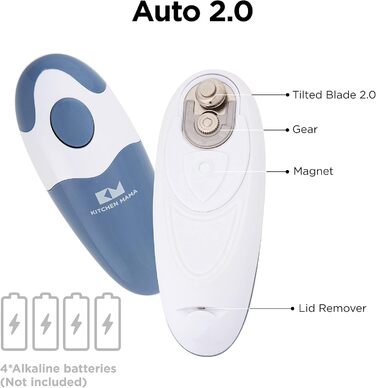 Електричний відкривач банок Kitchen Mama 2.0: автоматичний, бездротовий, з гладкою кромкою, харчовий, Blaugrau