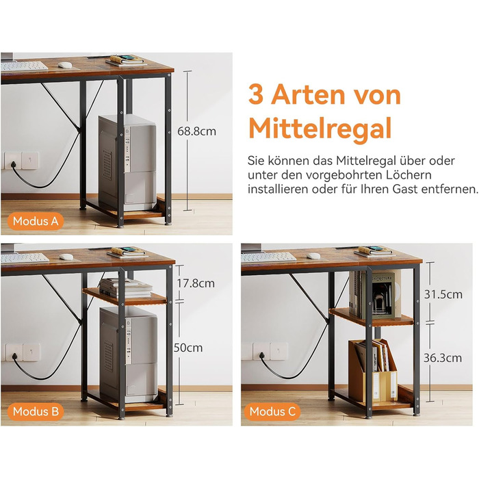 Комп'ютерний стіл Coleshome з ящиками з тканини, 130x48 см, з 2 розетками та 2 USB-портами, з полицею, для офісу/вітальні, коричневий, 130x48x75.7 см