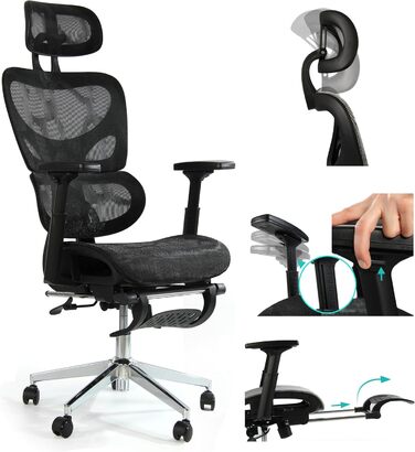 Офісний крісло Sesto Senso K80G Grey (1, Black) з підставкою для ніг, ергономічний, з регульованою спинкою та підлокітниками, для керівників