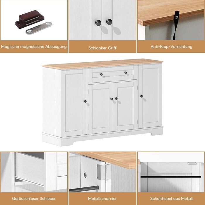 Багатофункціональний буфет-біликовий стіл 138 см з шухлядою, полицями та регульованими полицями – з кріпленням від перекидання, для кухні, вітальні та спальні (Натуральний+білий)