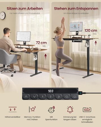 Стол для роботи VASAGLE з регулюванням висоти, 160 x 80 см, з підставкою для монітора, шухлядою та USB-C, нагадування про рух, для офісу, вінтажний коричневий