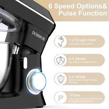 Кухонна машина 9.5л з планетарним міксером, 1500W, DOBBOR, з набором насадок (міксер, гак для тіста, вінчик), захист від бризок, 7 швидкостей, чорний колір