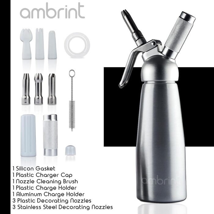 Дозатор для збитого вершку: міцний алюмінієвий кантер з 6 насадками (нержавіюча сталь & пластик), щітка для чищення та сумка для зберігання. Преміум-дозатор для домашніх десертів