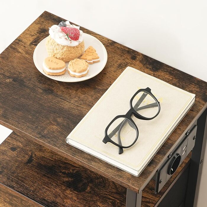 Нічний столик з підзарядкою, тумбочка з 2 шухлядами, приліжний столик з USB-портами та полицями, для вітальні, спальні, вінтажний коричневий та чорний XET02CBRY1