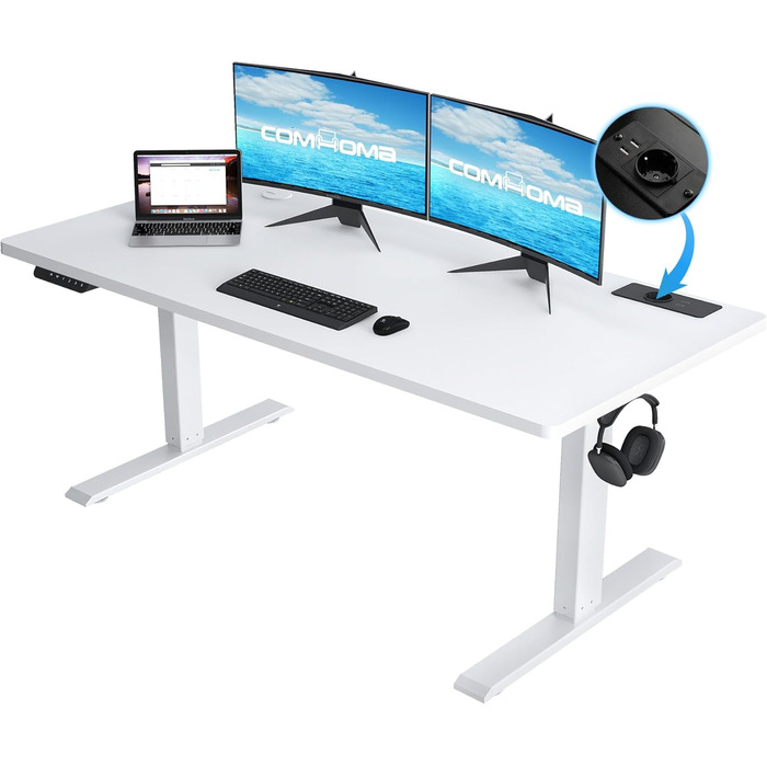 COMHOMA Регульований стіл 160x70 см з USB-роз'ємом та гачками, електричний, для роботи, стоячи/сидячи
