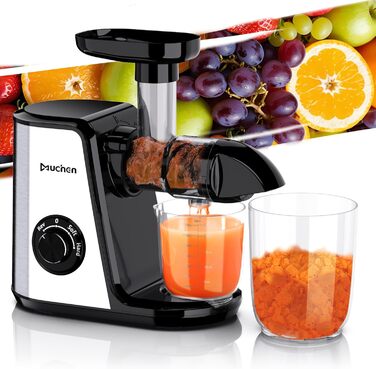 Соковитискач Muchen Slow Juicer: тиха робота, подрібнення назад, легке очищення, нержавіюча сталь, чорний та срібний, з кулінарною книгою (одноканальний)