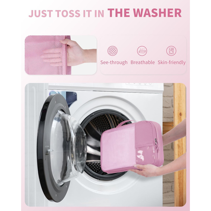 Набір органайзерів для валізи ECOHUB, 6 шт. — Подорожні сумки-кубики з ID-тегами, дихаючі легкі органайзери для одягу та рюкзака з перероблених матеріалів (Темно-рожевий)