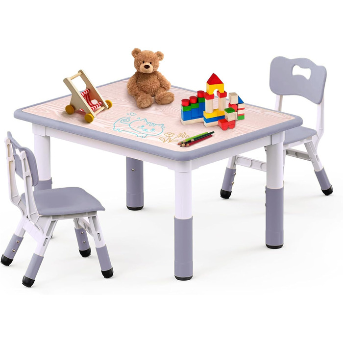 Дитячий стіл JoyHood з 2 стільцями - регульована висота. Набір дитячих меблів для дітей 3-8 років. Сірий колір. Підходить для школи, дитячого садка, дому.