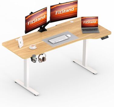 Електричний стіл для роботи FQ1 120x60 см, регульований по висоті, з дубовою стільницею, гачком, захистом від дітей та пам’яттю положень, для офісу та дому (160x75 см, білий + клен)