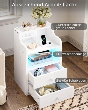 Нічний столик IRONCK з LED-підсвіткою, розеткою та функцією зарядки, з ящиками, білий.