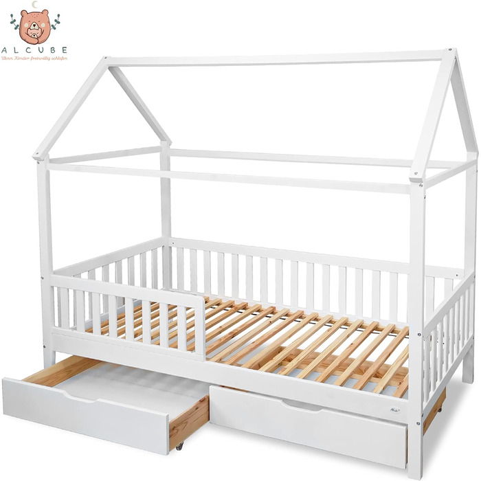 Ліжко Alcube house HYGGI 90x200 см - універсальне дитяче ліжко з масиву дерева із захистом від падіння та рейковою основою (80х160 см, біле - з висувними ящиками та матрацом)