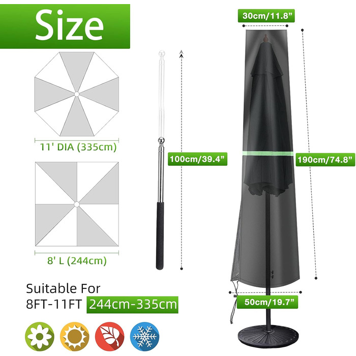 Чохол для парасольки GEMITTO, водонепроникний, для парасольки типу Ampelschirm, 280x30x81/46cm, захист від сонця та вітру, для парасольки 2-4м
