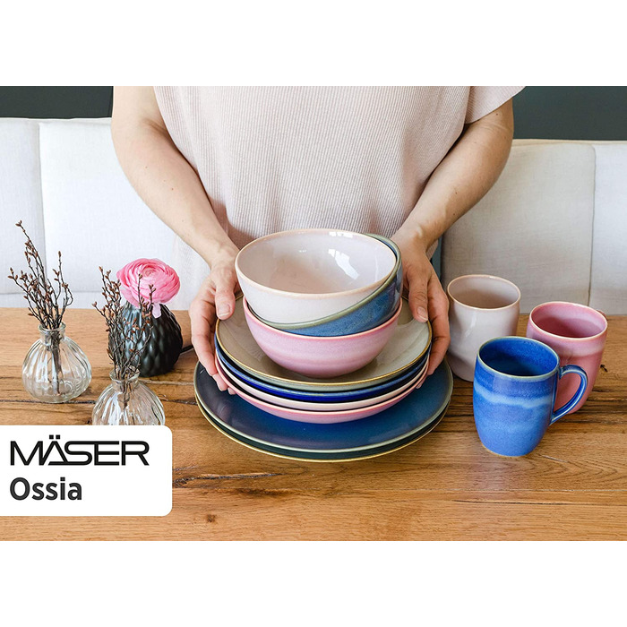 Набір тарілок для 6 осіб у вінтажному середземноморському стилі, сучасна їдальня з 12 страв з суповими і обідніми тарілками пісочно-сірого кольору, кераміка, (пісочно-сірий / Світло-блакитний), 931734 Ossia