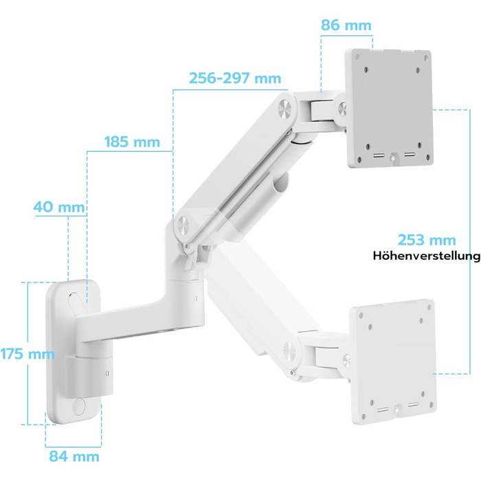 Кріплення для монітора ARES WING на стіну для LED/LCD моніторів 17-49 дюймів, до 20 кг, регульована висота, VESA 75/100, білий