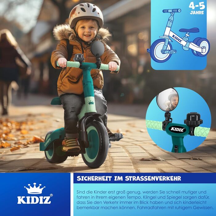 Біговел-триколіс KIDIZ 6-в-1 для дітей 1-5 років до 25 кг, з ручкою, захисним бампером, ременем безпеки, дзвінком та дзеркалом (зелений)