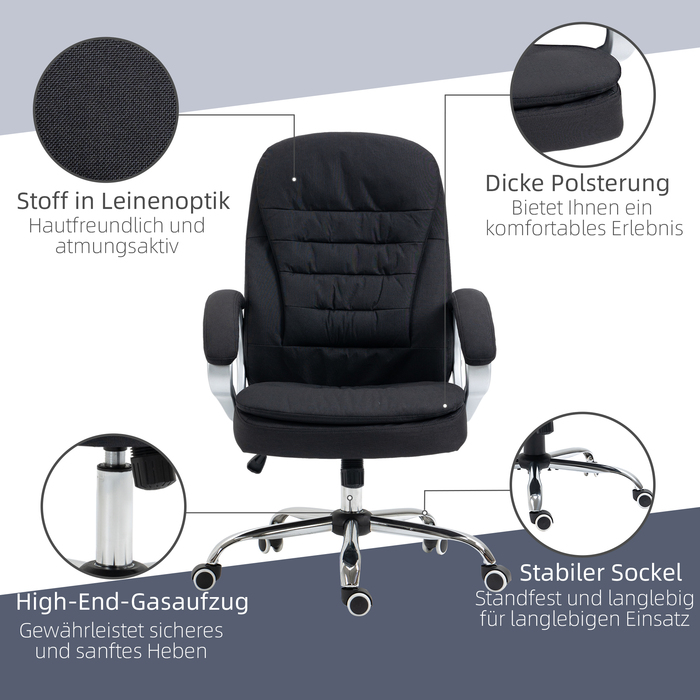 Офісний крісло, ергономічне крісло для роботи, крісло для комп'ютера, поворотне крісло на 360°, з функцією гойдання, регульована висота, чорний колір, оббивка з льону, розміри 64 x 75 x 111-121 см