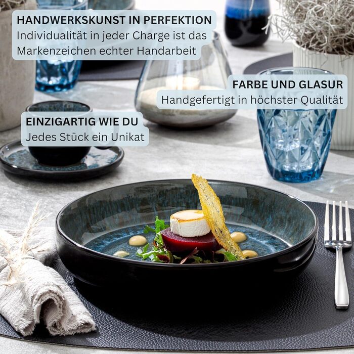 Набір посуду SÄNGER Manila на 6 осіб (30 предметів) | Керамічний сервіз, блакитний з чорним обідком