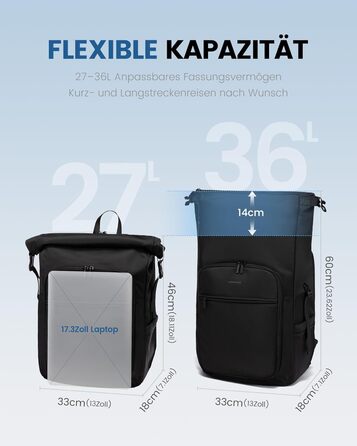 LOVEVOOK Рюкзак Rolltop, чорний, 17.3 дюйми, водонепроникний, для подорожей, школи, університету, велосипеда