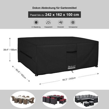 Водонепроникна та вітростійка чохол для садово-патіо меблів Dokon, 242x162x100 см, чорний