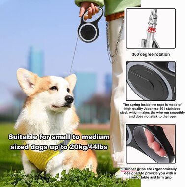 Висувний повідець для собак KEESIN, протиковзка ручка для повідця малого і середнього розміру з відкидною кришкою, мішок для сміття, нейлоновий нашийник для захисту від заплутування і поворотний гак на 360 (5 м, Чорний)