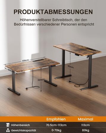 Регульований стіл з USB-портом та розеткою, 100 x 60 см. Електричний стіл, комп'ютерний стіл з пам'яттю, білий (коричневий)