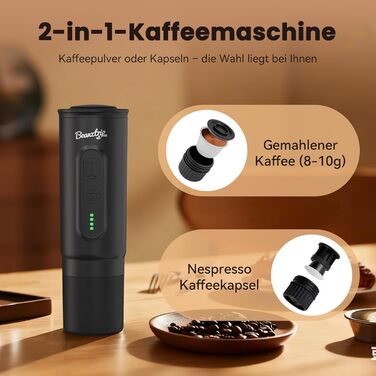 Портативна кавомашина BeanzTrip H02 PRO з акумулятором, 2-в-1: для капсул та меленої кави, 20 Bar, USB-C, для подорожей, кемпінгу, чорна