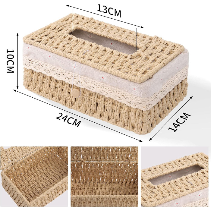 Коробка для паперових серветок VORHOT з мотузкою, органайзер-бохо, коробка для зберігання, 24x14x10см
