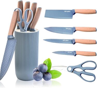 Набір кухонних ножів, 6 предметів, чорний, гострий, з антипригарним покриттям, нержавіюча сталь, з підставкою (блакитна)