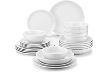 Набір посуду MALACASA на 6 персон, сервіз з порцеляни для гурманів з 24 предметів серії AMELIA, білий круглий сервіз преміум-класу