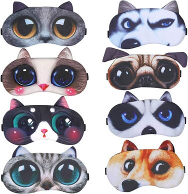 Набір з 8 масок для сну милий кіт собака, м'які та пухнасті, для дівчат, дам, Daydreams (60 символів)
