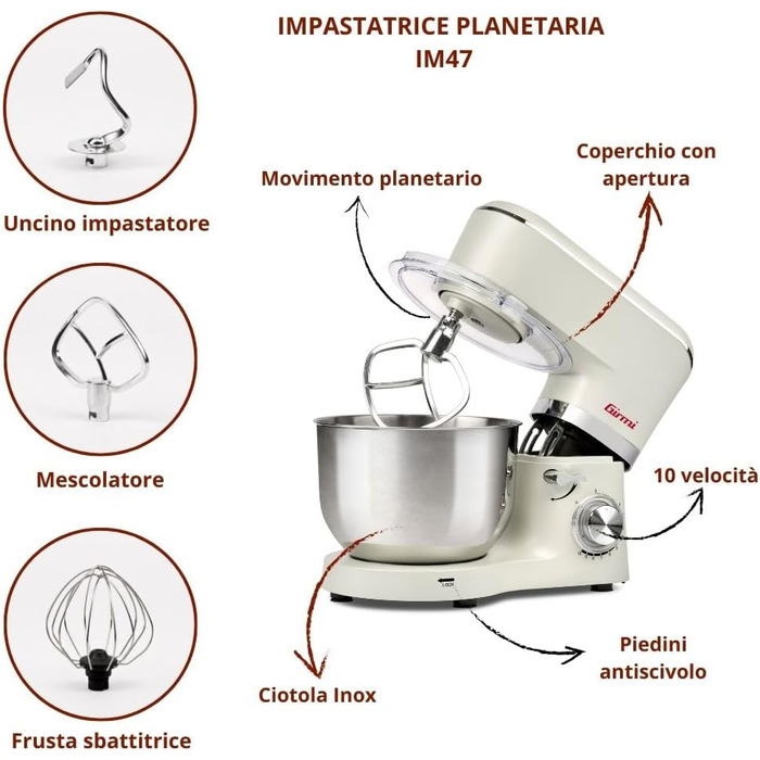 Міксер Girmi IM47 з нержавіючої сталі, 1500 Вт, 6 л, 10 швидкостей, для тіста до 2.4 кг