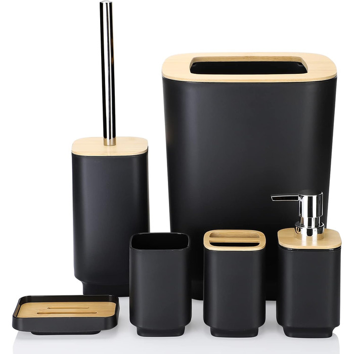 Набір аксесуарів для ванної кімнати JOTOM 6 шт. з бамбука, чорний: мильниця, дозатор мила, тримач для зубних щіток, стакан, сміттєве відро