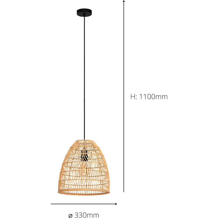Підвісний світильник EGLO Ayesgarth, підвісний світильник на 3 лампи обідній стіл, світильник для їдальні з ротанга натурального кольору та металу чорного кольору, підвісний світильник з цоколем E27 (підвісний світильник 1-полум'я)
