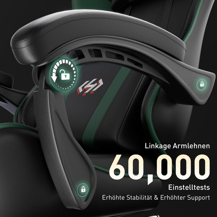 HLONONE Ігровий крісло, ергономічний геймерський крісло з кишеньковим пружинним матрацом, гоночний крісло для геймерів з підніжкою, підтримкою попереку, регульоване офісне крісло, вантажопідйомність 150 кг, PC крісло (Чорний-зелений)