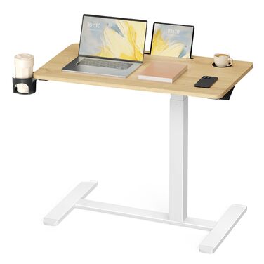 Приставний столик VASAGLE на колесах, мобільний, з великою стільницею, регульована висота, 2 тримачі для напоїв, слот для телефону/планшету, LSD600W01 (80x45 см, горіх золотистий)