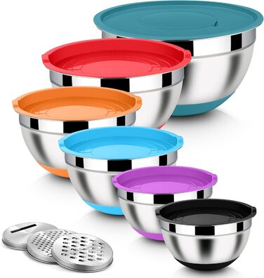 Набір місок Homikit з нержавіючої сталі, 6 шт. з тертками, кришками та силіконовим дном, 4.6/2.8/2.5/1.6/1.2/0.7 л, багатобарвний