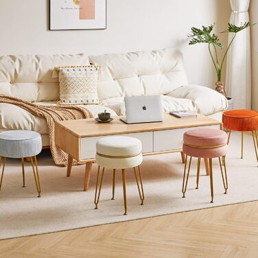 Сучасний оксамитовий пуф з круглим підніжжям IBUYKE, стільчик для макіяжу, пуф з золотими ніжками, декоративний пуф для спальні, вітальні, передпокою, білий L/G-40M з декором кремово-білий