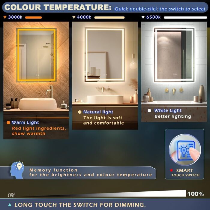 Дзеркало для ванної кімнати LED з підсвічуванням, комодне дзеркало для макіяжу, настінне, 6500K, антитуманне, IP44, 90 x 60 см