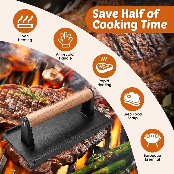 Пресс для бургерів Freelander з чавуну, набір для розчавлювання бургерів (Ø 17.6 см, 20.5 см), прес для гриля з термостійкою ручкою, великий бургерний прес для BBQ, стейків, сендвічів (чорний, прямокутний)