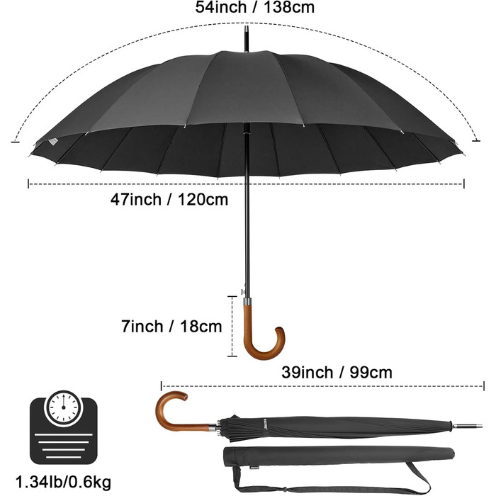 Дюймова велика парасолька штормонепроникна автоматична для 2 осіб Дерев'яна ручка водовідштовхувальний чорний, 4Free 54-