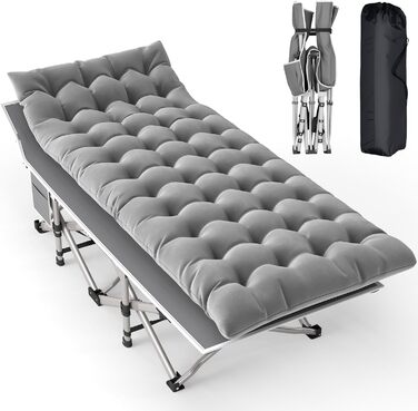 Розкладне ліжко для кемпінгу з матрацом та сумкою-переноскою, посилене (до 208 кг), XL 190x71x35 см, сіре